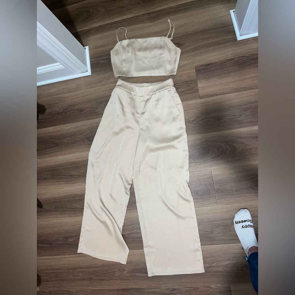 Crescent Cream Wide Leg Pants & Crop Top Set